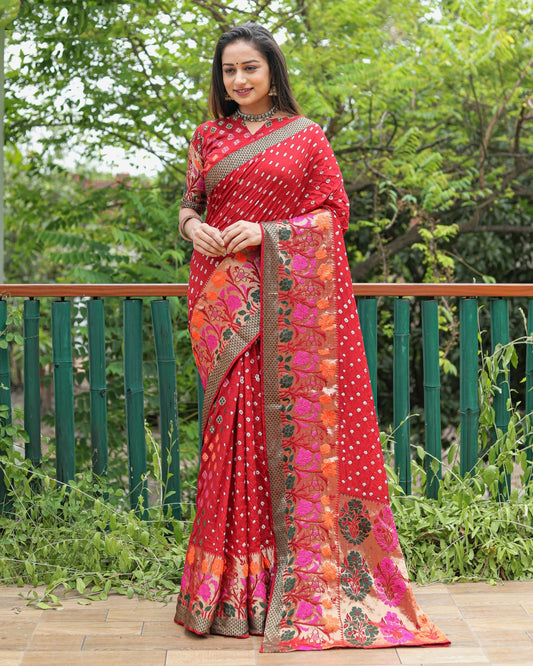 Maroon Bandhani silk saree with woven design